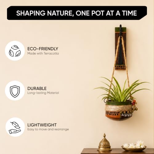 Image of AAKRITI ART CREATIONS Wall Hanging Planter with Hook | Jute Embellished Earthen Planter on Classic Wall Hook, Modern Art, Matte Finish | Metal, Terracotta & Wood