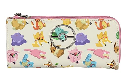 Bioworld Pokemon Allover Character Zip Around Closure Faux Leather Wallet For Women w/Metal Pokeball Logo
