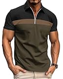 Ryehack Polo Homme Manches Courtes à Col Zippé, Raglan en Coton Tee Shirt pour Golf et Rugby, Noir+Vert, XXL