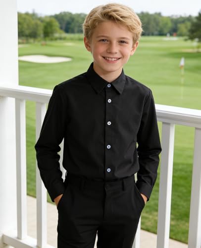 Kinberr Boys Girls Black Long Sleeve Dress Shirt Formal Button Down Uniform Shirt for Casual Wear - 2