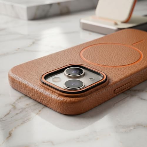 Image of amazon basics Luxury MagSafe Compatible Leather Texture Back Cover for iPhone 13 | Raised Camera Protection | Slim Fit Shockproof Case with Metallic Accents (Orange)
