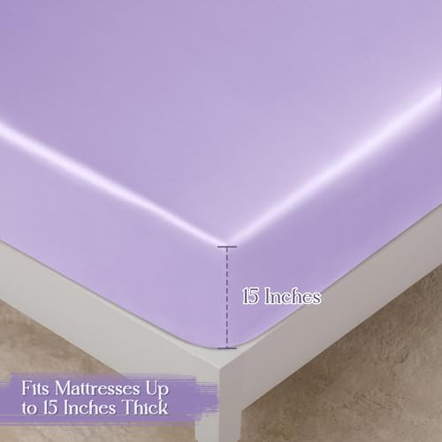 Image of Homiest Lavender Queen Ruffle Pillowcase & Satin Fitted Sheet Set 3Pcs | Silky Satin Protects Hair And Skin, 15-Inch Deep Pocket, Pearlescent Dreamy Soothing Hue, Easy Machine Wash Care
