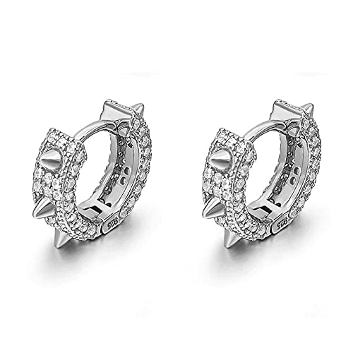 Iced Cz White Gold Plated 925 Sterling Silver Cool Punk Style Small Trendy Spike Thorn Hoop Earrings for Men Women Spiked Hypoallergenic Huggie Hoops Earrings