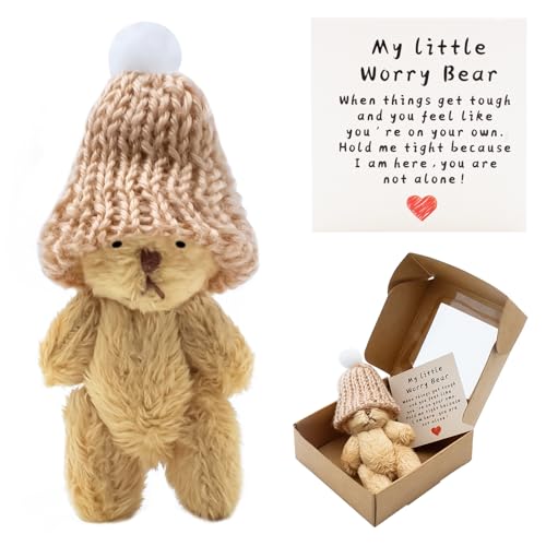 KCMOSGI Mini Worry Bear with A Hat Positive Mini Bears Little Worry Bears in A Box with Encouragement Little Card Soft Handmade Pocket Bear for Lovers Family Friend