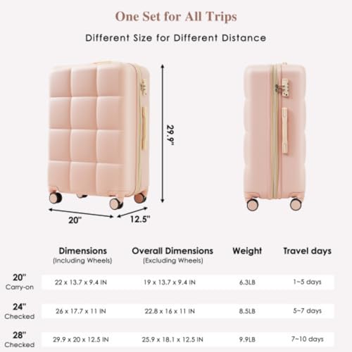 Luggage Set 4-piece, ABS Hard Shell Suitcase, 20-inch, with USB Port, Expandable ABS Durable Suitcase, with Travel Bag, Cup Holder, Side Hook, with Universal Wheels, Pink4