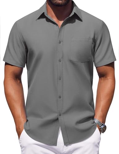 COOFANDY Mens Button Down Short Sleeve Shirts Casual No Tuck Dress Shirts for Men Gray
