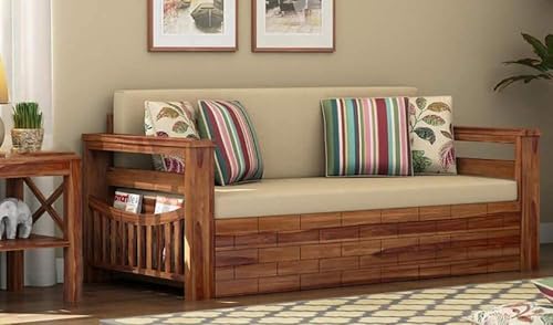 Image of Solid Sheesham Wood Sofa Cum Bed with Storage Side Pocket- 3 Seater Wooden Sofa Bed for Living Room | Convertible Diwan Bed with Cushions | Modern Space Saving Furniture (Cream)