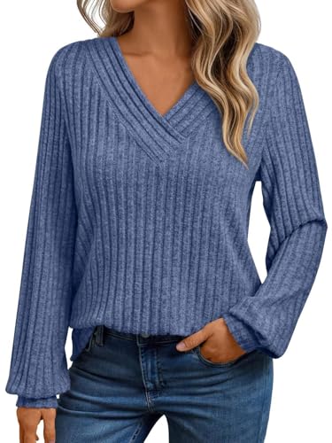 Womens Fashion V Neck Sweatshirts Long Sleeve Dressy Casual Shirts Fall Trendy Tunic Sweaters Work Blouse Tops (Blue,XX-Large)