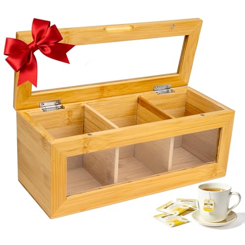 Tea Bag Organizer, Bamboo Tea Bag Holder, with Magnetic Lid & Window – 3 Compartments Tea Bag Storage for Kitchen Countertop – Eco-Friendly, Space-Saving & Giftable for Tea Lovers