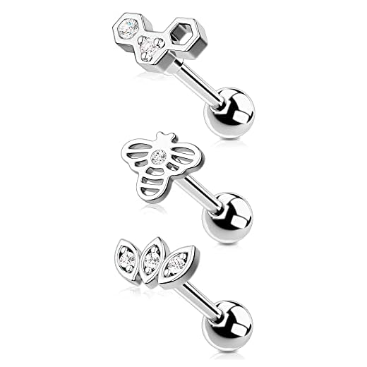 OUFER 3 st 16 g helix knoppörhängen paket brosk snäcka smycken rostfritt stål övre örat piercingar tragus ring skivstänger för kvinnor flickor, Rostfritt stål
