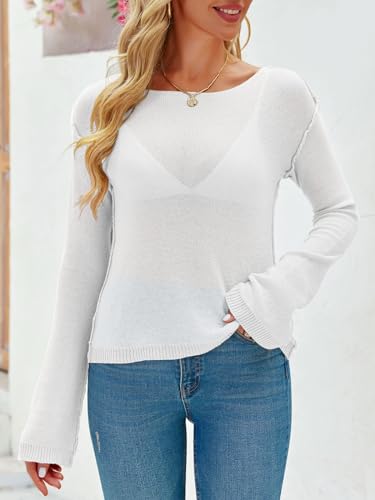 Imily Bela Womens Boat Neck Shirts Long Sleeve Lightweight Knit Pullover Sweaters Casual Sheer Blouse Tops2