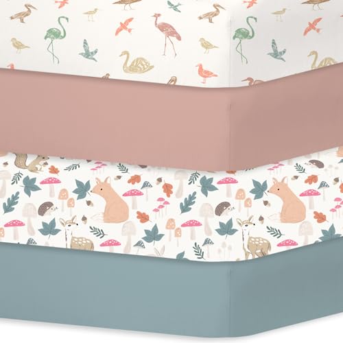 LGL de Draps pour Lit Bébé 4 Pièces 60x120 cm 100% Microfibre Respirante Certifié Oeko-TEX Protège Matelas Amovible et Lavable Motifs Mignons pour Berceau et Matelas Bébé(Amis de la Forêt)