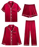 SWOMOG Mens 4pcs Pajamas Set Silk Satin Short Sleeve Sleepwear Button Down Pjs Classic Loungewear Nightwear(Piping Style Four- Red, Medium)
