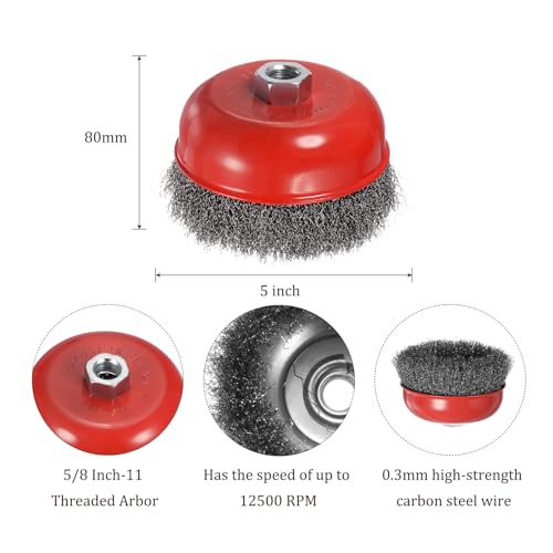 Image of Wire Cup Brush for Rotary Tool - [5 Inch] Coarse Crimped for Paint Stripping Cleaning Rust Light Duty Conditioning, 5 /8 Inch-11 Threaded Arbor, Red