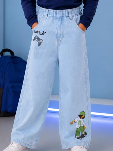 Image of KiddoPanti Boys Baggy Jeans | Stretch Denim Wide Leg Jeans | Elastic Waist Casual Denim Pants | Cotton Blend Loose Fit with 4 Pockets | Kids Street wear | 2-14 Years