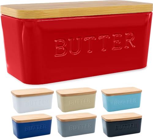 PriorityChef Large Butter Dish with Lid for Countertop, Ceramic Butter Container With Airtight Cover, Butter Keeper for Counter or Fridge, Butter Holder Storage, Red