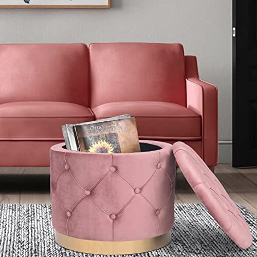 Adeco Round Storage Ottoman, Velvet Button Tufted Upholstered Bench With Removable Lid, Coffee Table Footrest Stool Seat For Living Room Bedroom Entryway (Pink) #TOP2