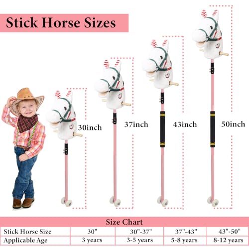 Greeily Horse on a Stick, 30\" to 50\" Stick Horses for Kids Plush Handcrafted Stick Pony Real Pony Neighing and Galloping Sounds Sturdy Pink Metal Pole with Lighting Wheels Sponge Grip