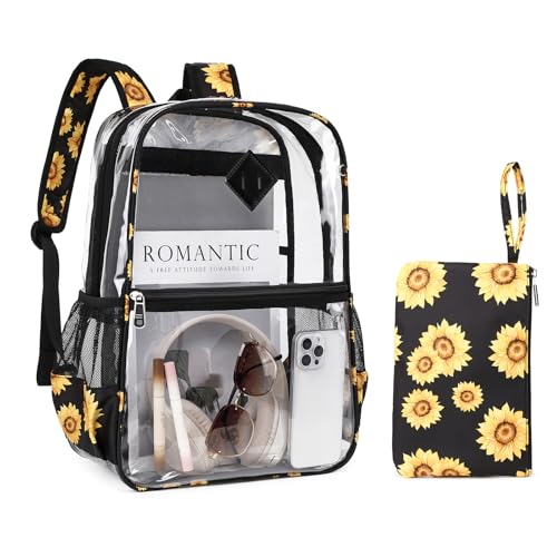 Image of MUSEVOS Clear Backpack for School, Heavy Duty PVC Transparent Bookbag for Girls Stadium Approved See Through Backpack, Sunflowers