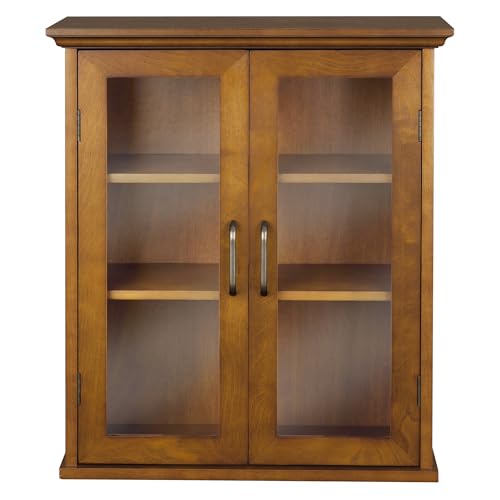 Teamson Home Avery Wooden Over The Toilet Bathroom Removable Wall Medicine Cabinet with 2 Adjustable Shelves 3 Storage Spaces 2 Glass-Paneled Doors and Antique Brass Knobs, Oiled Oak