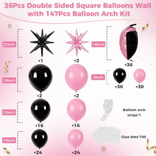 Image of 36pcs Black and Pink Square Foil Balloons Wall Backdrop with 147pcs Balloon Garland Arch Kit, Double Sided Balloons for Bachelorette Baby Shower Birthday Anniversary Prom Party Decorations