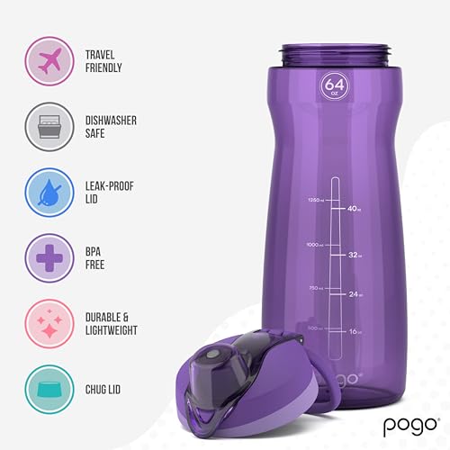 Pogo 64oz Plastic Water Bottle with Leak-Proof Chug Lid and Carry Handle, Reusable, BPA Free, Capacity Markings, Dishwasher Safe, Perfect for Travel, School, Outdoors, and Gym, Purple