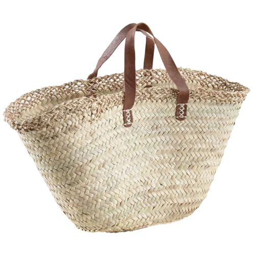 AUBRY GASPARD - Panier Cabas Palmier Naturel Bord Ajouré - Poignées Cuir Robuste - 48 x 18 x 25 cm - Usage Polyvalent Rangement Décoratif - Couleur Naturelle