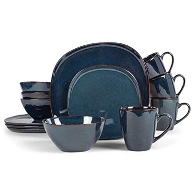 Elanze Designs 16-Piece Modern Luxury Chic Smooth Vintage Handmade Shape High Gloss Ceramic Stoneware Square Plate Mug & Bowl Kitchen Dinnerware 16 Piece Set - Service for 4, Navy Blue