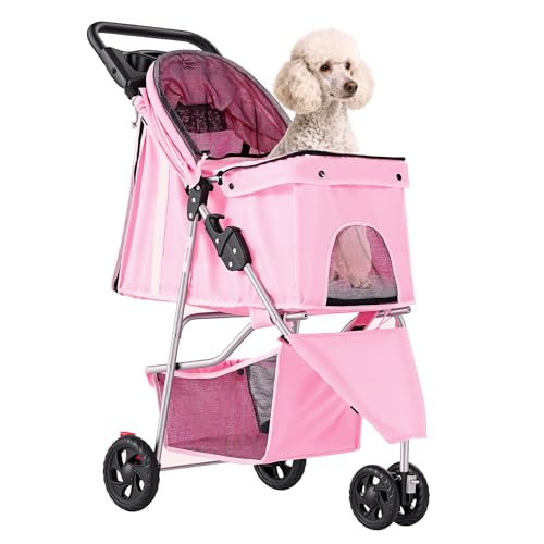 Image of NEWBULIG 3 Wheel Pet Stroller for Dogs and Cats, Foldable, Lightweight and Durable, Ideal for Small to Medium Pets, Includes Storage Basket and Cup Holders