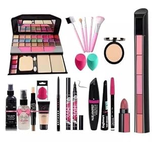 RJGUDDU TYA 6155 Makeup Kit – 5 Pink Brushes, 3in1 Combo, 36H Eyeliner, Kajal, Compact, Lipstick, Fixer, Primer, Contour, Foundation, 3 Makeup Puffs (Pack of 20)