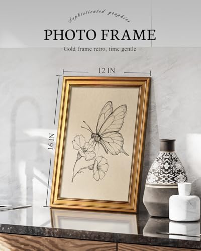 Image of VIYYIEA Vintage Gold Framed Wall Art for Living Room, Butterfly Canvas Prints Home Decor, Sketch Painting Picture, Bedroom Wall Decor Gifts for Friends or Family -【Dancing with Flowers】-(16L x 12W)