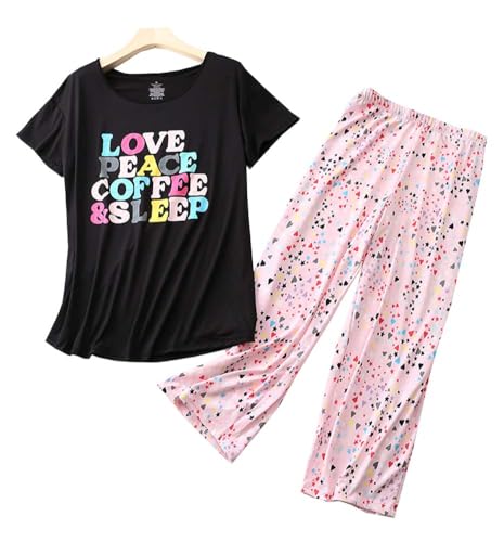 Image of CHUNG Women Cotton Pajama Sets Sleepwear pjs Short Sleeve Shirt Capri Length Crop Pants Cute Vivid Print