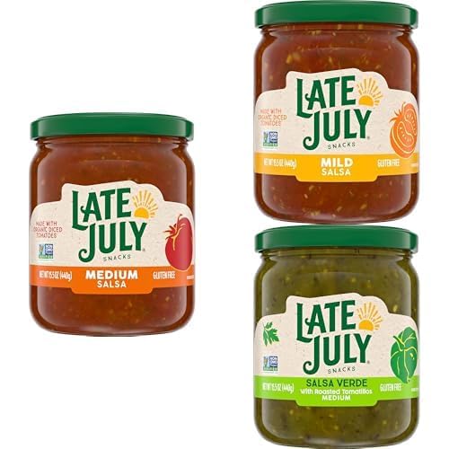 Bundle of Late July Snacks Medium Salsa, 15.5 oz Jar + Late July Snacks Mild Salsa, 15.5 oz Jar + Late July Snacks Salsa Verde with Roasted Tomatillos, Medium, 15.5 oz Jar