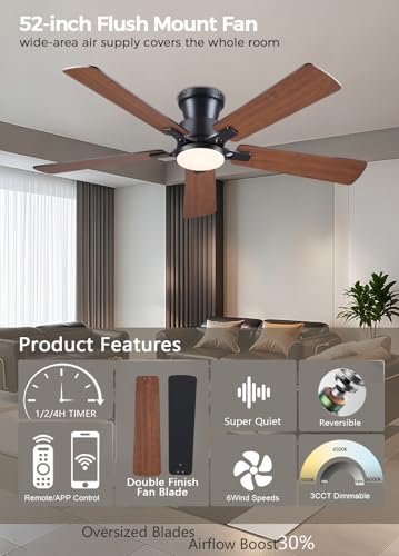 Image of JSAITEE 52Inch Ceiling Fan with Lights Flush Mount Low Profile Brown | Ceiling Fans,DC Reversible Motor, 3CCT Dimmable, Fan for Indoor Bedroom /Outdoor, Brown