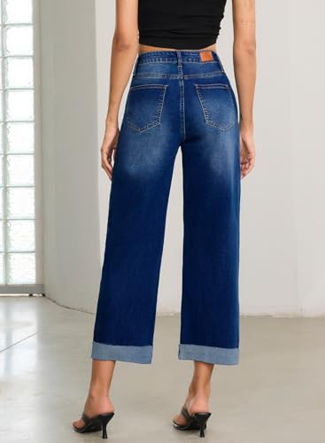Image of Sidefeel Barrel Jeans for Women High Waisted Wide Leg Baggy Stretchy Trendy Raw Rolled Hem Capri Cropped Ankle Denim Pants