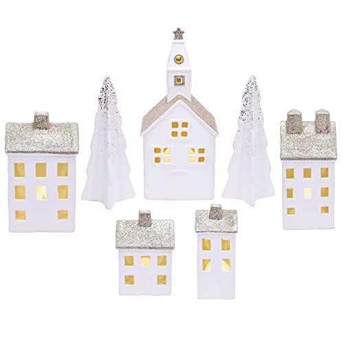 Mark Feldstein & Associates Village White Glitter 12 Inch Porcelain Led Christmas Figurines 9 Piece Set #TOP22