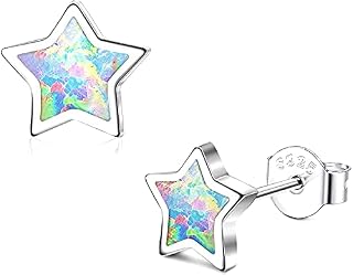 LOLIAS 1 Pair 925 Sterling Silver Hypoallergenic Earrings Opal Star Stud Earrings Gifts for Women Small Cute Earrings Minimalist Jewelry for Sensitive Ears