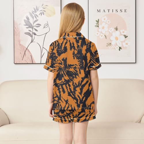 Satin Pajama Sets Short Sleeve Tiger Orange Black Pattern Button Down Silky Nightwear 2 Piece PJS 5-14Y4