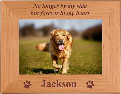 No longer by my side but forever in my heart - Custom Engraved Wood Dog Picture Frame Holds 4x6 Inch Photo - Add your dogs name (4x6 Horizontal)