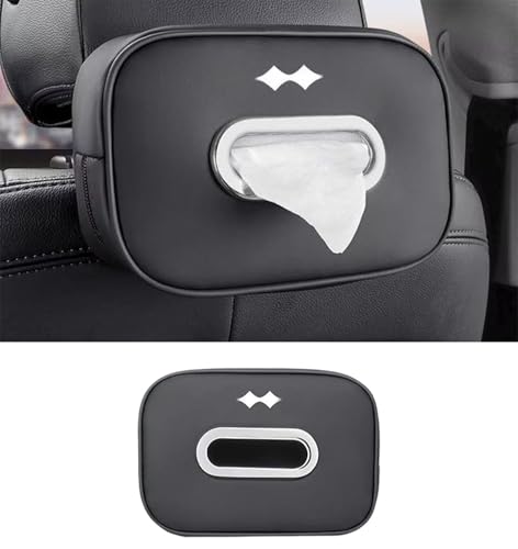 Premium Car Tissue Box Holder Leather Car Headrest Tissue Dispenser Compatible with BYD Leopard 5/8 Adjustable Strap Design Electroplated Opening Black