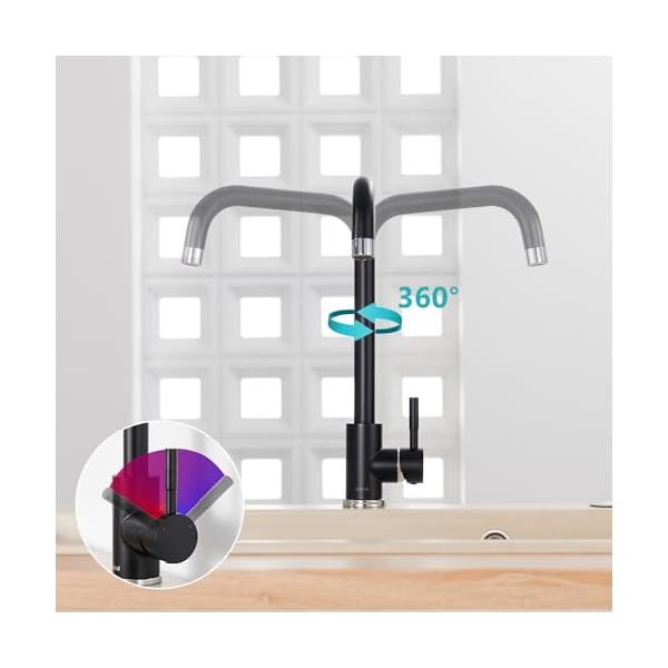 Ulytid Wasserhahn Küche Schwarz, Hochdruck Küchenarmatur 360° Drehung, L-Form Mischbatterie Spültischarmatur mit Hoher Auslauf und Luftsprudler, Einhebelmischer Armatur Küchenspüle SUS304 Edelstahl – Bild 4