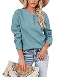 Womens Waffle Knit Tunic Tops Loose Long Sleeve Button Up V Neck Henley Shirts Blue Large