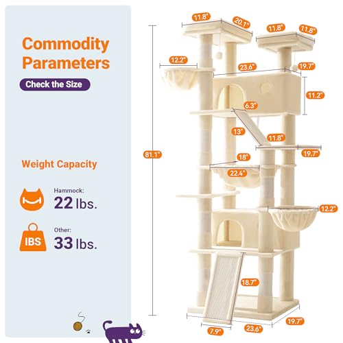 Image of Allewie 81 Inches Tall Cat Tree /Multi-Level Large Climbing Tree House and Towers for Big Feline /Condo and Hammock /Scratching Post /Wide Base /Beige