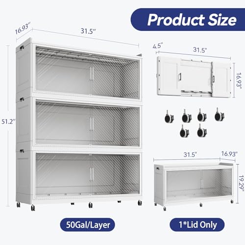 Image of 150 Gallon Extra Large Collapsible Storage Bin with Lid, 960QT Stackable Plastic Organizer with 6x Wheels, Foldable Drawer Cabinet for Closet, Living Room Office, Kitchen 3Pack, White