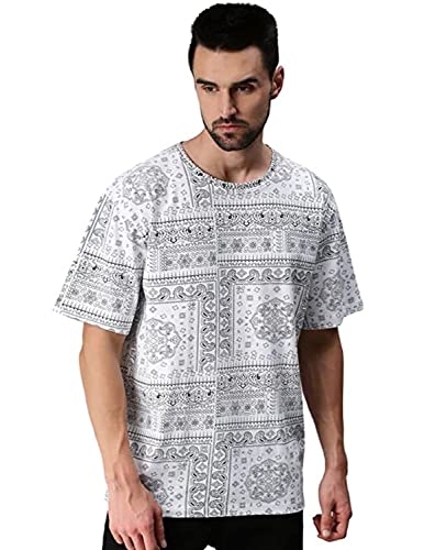 Veirdo® Camiseta holgada de gran tamaño, ajuste ancho, de algodón, cachemira, media manga, color blanco, para hombres y niños, atractivas y elegantes camisetas con estampado de bandana para hombres y