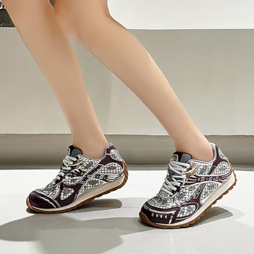 Women's Fashion Platform Oxford Trainers - Casual Lace-Up Lightweight Autumn Sneakers with Color Matching Trend, Slimming, and Versatile Flats Shoes,Red-383