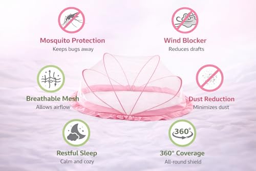 Image of DecorTwist Baby Mosquito Net for Bed - Foldable Pop-Up Dome Net for Newborns & Infants (0-24 Months) | Breathable Mesh, Insect & Fly Protection | 135x65x65 cm | Travel & Outdoor Safe (Pink)