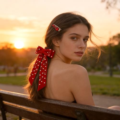 Pinza para cabello con lazo de terciopelo rojo miniatura 4
