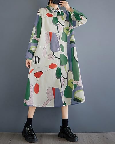 Image of ellazhu Womens Fall Casual Patchwork Funky Long Sleeve Designer Dress Loose Blouse GY2787 A