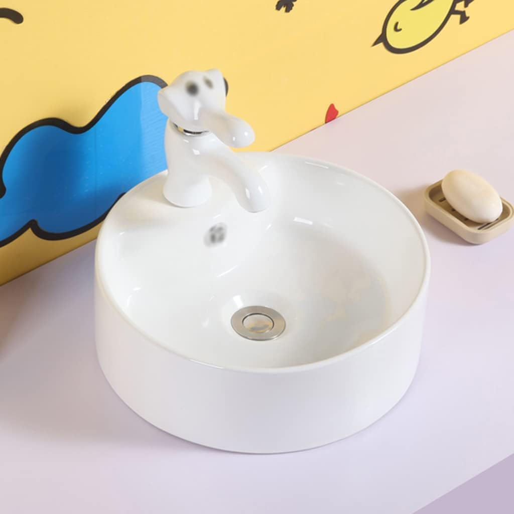 Bathroom Sink with Faucet,Cute Elephant Ceramic Washbasin,Cartoon Colorful Washstand Combination,Gifts/Home Decor, Orange (White)